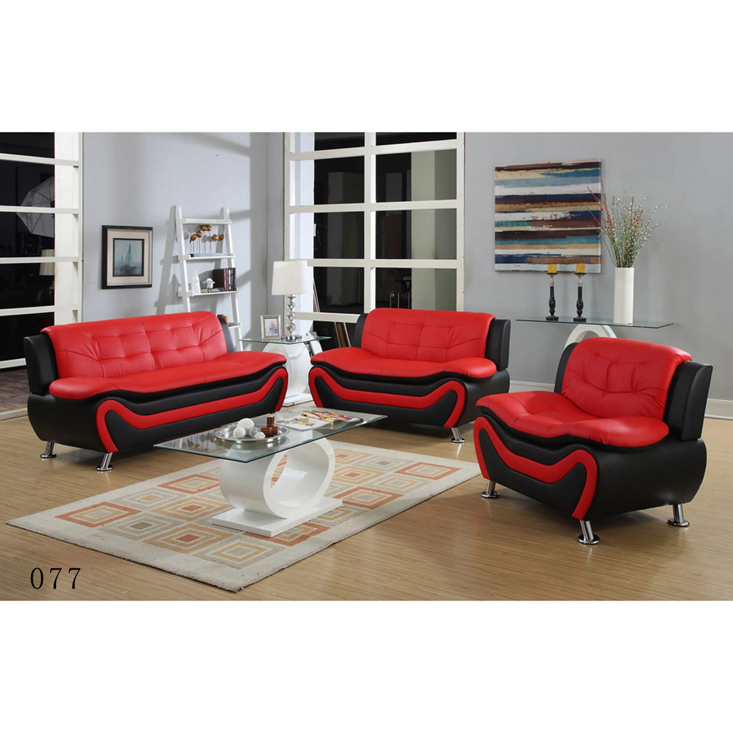 3 Piece Faux Leather Contemporary Living Room Sofa Loveseat, Chair Set 2 Tone Black White