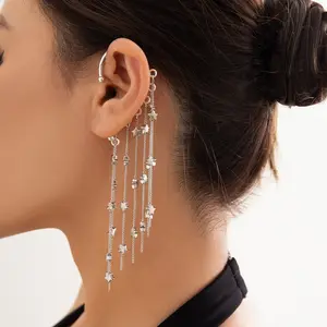 2023 fashion jewelry sweet cool romantic ear hole ear hook minority design long tassel one piece cuff gold earrings for women