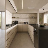Îlot de cuisine et salle à manger intégrés, style moderne et minimaliste, couleur crème, mobilier sur mesure pour toute la maison, idéal pour les petits projets hôteliers et résidentiels.