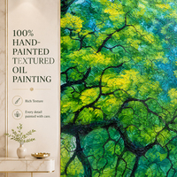 Peinture à l'huile peinte à la main sur toile, vue sur un arbre, branches et feuillage, vue vers le haut, vert et jaune, décoration murale pour salon, vente en gros