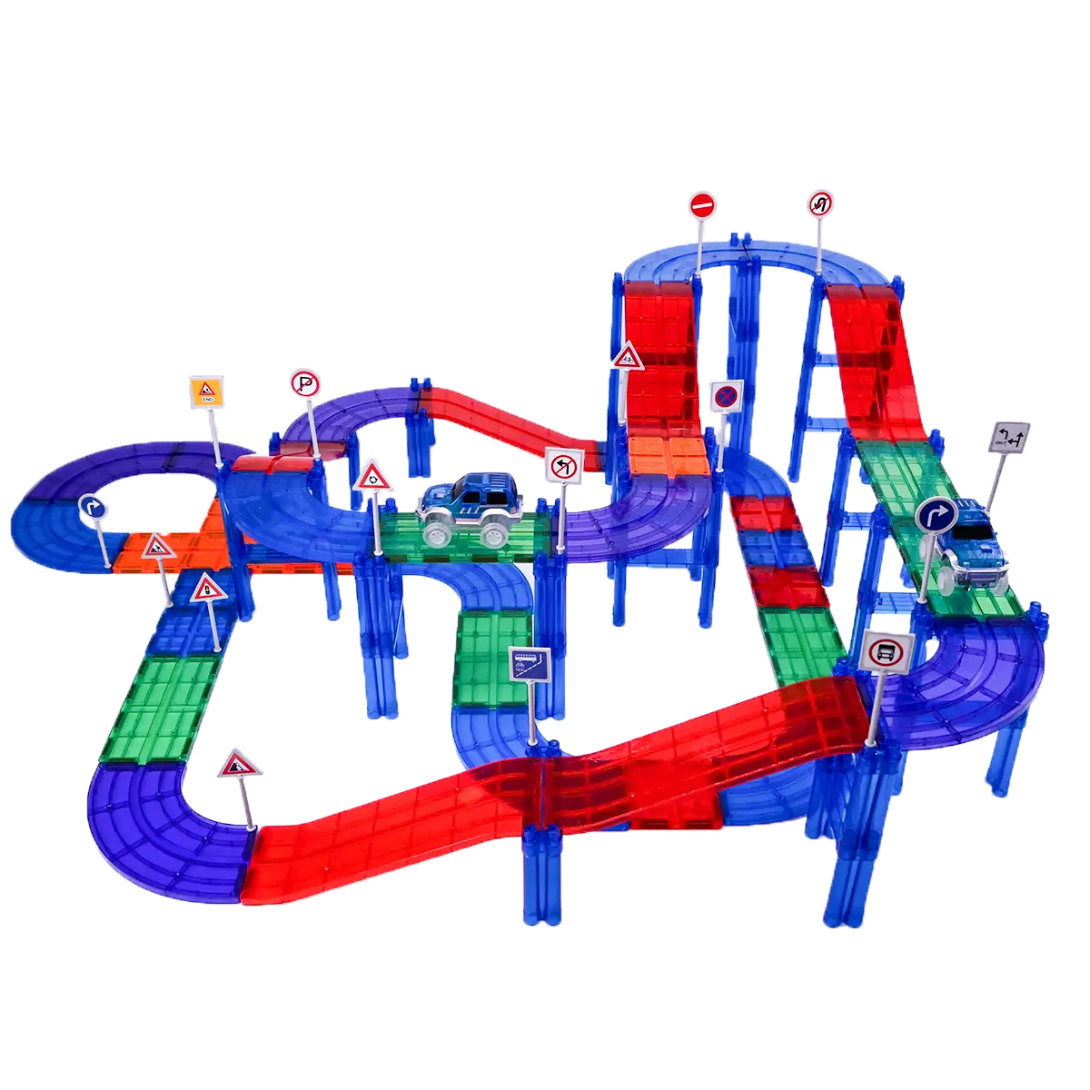 레이스 자동차 트랙 빌딩 블록 교육 장난감 세트 마그네틱 타일 자석 DIY 플레이 세트 2 라이트 업 자동차 줄기 학습 건설