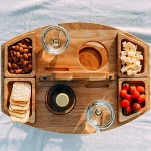 Wooden Wine Rack Boat Shape <b>Portable</b> Outdoor <b>Picnic</b> <b>Table</b> With Fruit Tray And Glass Holder Multi Layer Food Serving Tray - Product Image 2
