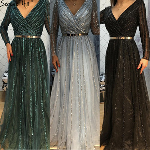 S0462N nuovo stile retrò Chiffon <span class=keywords><strong>verde</strong></span> a <span class=keywords><strong>maniche</strong></span> <span class=keywords><strong>lunghe</strong></span> con scollo a V aderente in rilievo adatto per abito da sera banchetto annuale - Product Image 4