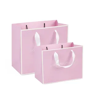 Sacolas de papel para presente com alças de fita para joias, sacola de compras luxuosa com logotipo personalizado impresso em rosa