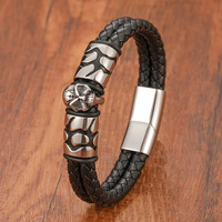 Bracelet tressé en cuir double avec fermoir magnétique en acier inoxydable et crâne en métal, en cuir véritable, pour homme - Collection Factory Outlet