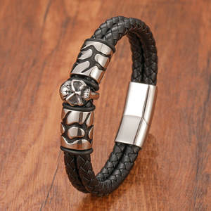 Factory Outlet Double Leather Rope Woven <b>Bracelet</b> Stainless Steel Magnetic Clasp Genuine Leather Metal Skull for Mens <b>Bracelet</b> - Product Image 4