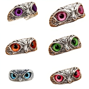 Anello Aperto Creativo a Forma di Occhio di Gufo, Colore Argento Antico Non Sbiadente, Unisex, Stile Hip-Hop, Gioiello da Mano Esagerato - Product Image 1