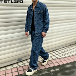 Cut And <b>Sew</b> Leopard Print Denim <b>Set</b> Heavyweight Vintage Wash Baggy Streetwear Two Piece Jacket Pants Wholesale Bulk - Product Image 1