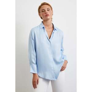 Women's Blue Viscose Satin Button <b>Down</b> Shirt Casual Everyday Style Simple Design Long Sleeve Blouse - Product Image 5