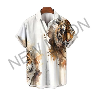 Chemise Hawaïenne Décontractée de Luxe pour Homme, Coupe Ample, Manches Courtes, Imprimé Floral Tigre, Respirante, Col Montant, Automne - Product Image 3