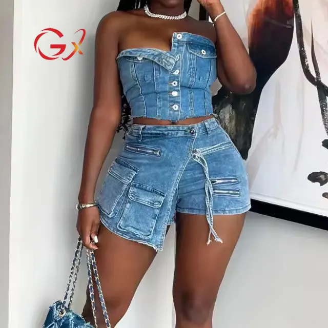 GX8010 Fashion Summer Ladies Tank Top Sexy Jean Button Tight Fit Denim Tube Cropped Tops and Unique Shorts Women 2 piece set