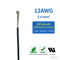 Cable de Silicona UL3135 12AWG 680 Hilos, 3.4mm², Cobre Estañado, Cable de Batería 600V 200 ° Cable de Conexión Extra Flexible de Calibre 12