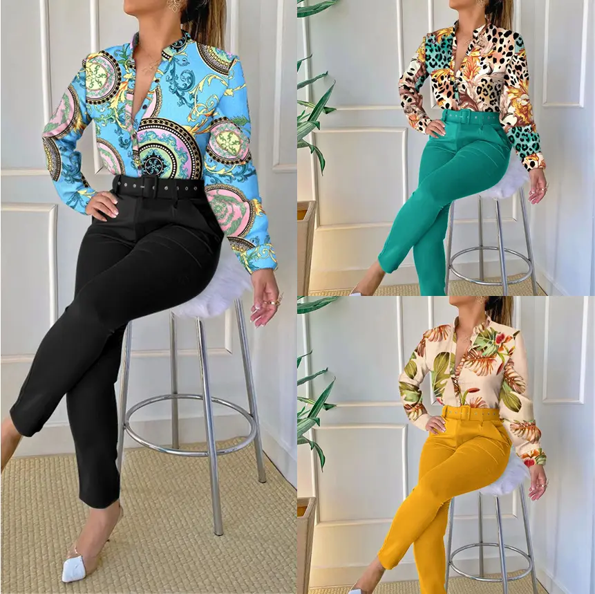 Fall 2022 new European and American women's fashion printed stand collar long sleeve shirt top with belt solid color trousers
