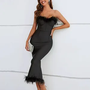 New Arrival Ladies Black Elegant Party Event Dress Feather Sexy Split Formal Ball Prom Fashion Bandage Dresses