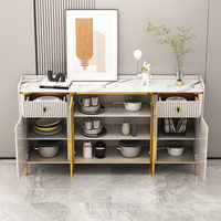 Bufet Kabinet Meja Samping Mewah dari Batu dengan Kayu Solid Modern, Strip Samping Emas Mengkilap, Ruang Penyimpanan Multi, Meja Konsol untuk Ruang Makan