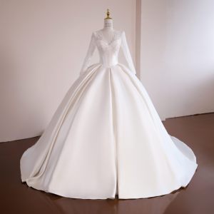 Vestido de Novia de Gala con Cuello en V, Mangas de Encaje Ilusión, Corsé con Cuentas, Cintura Estilo Basque, Satén, Tallas Grandes, Estilo Princesa, Fabricación Personalizada - Product Image 2