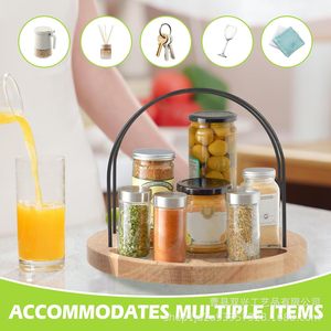 Wooden <b>Rotating</b> <b>Spice</b> <b>Rack</b> With Handle Kitchen Storage Organizer For <b>Spices</b> And Condiments Natural Wood Color 8-11.9in Depth - Product Image 4