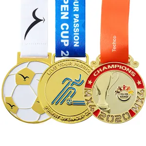 Wholesale Custom Football Cup Kids Club Football Square Round Gold Silver Sports Award Medals With Sublimation Ribbon Lanyard