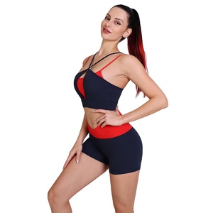 Conjunto de yoga de 2 piezas para mujer, pantalones cortos de cintura alta con bloques de color y sujetador deportivo cruzado, ropa deportiva para gimnasio - Product Image 1