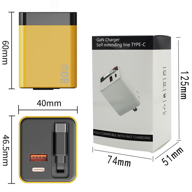 Wholesale 80W GaN Charger 3 in 1 Fast Wall Charger With Built in 80cm Retractable USB C Cable EU UK US Plug for Smart Devices