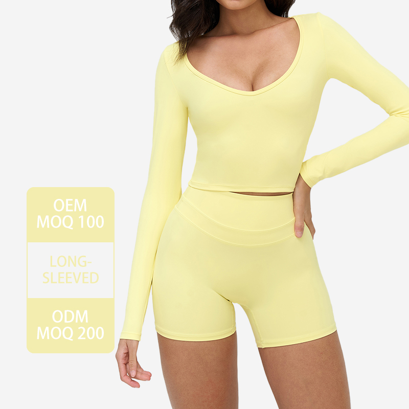 ECX3109 Women's Brushed Yoga Long-Sleeve Deep V-Neck T-Shirt Slim Training Sportswear Fitted Casual Yoga Wear