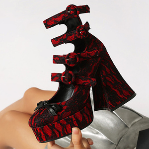 Sandales à talons hauts et épais pour femmes, à bout rond, avec lacets, plateforme épaisse et boucles, style escarpins - Product Image 3