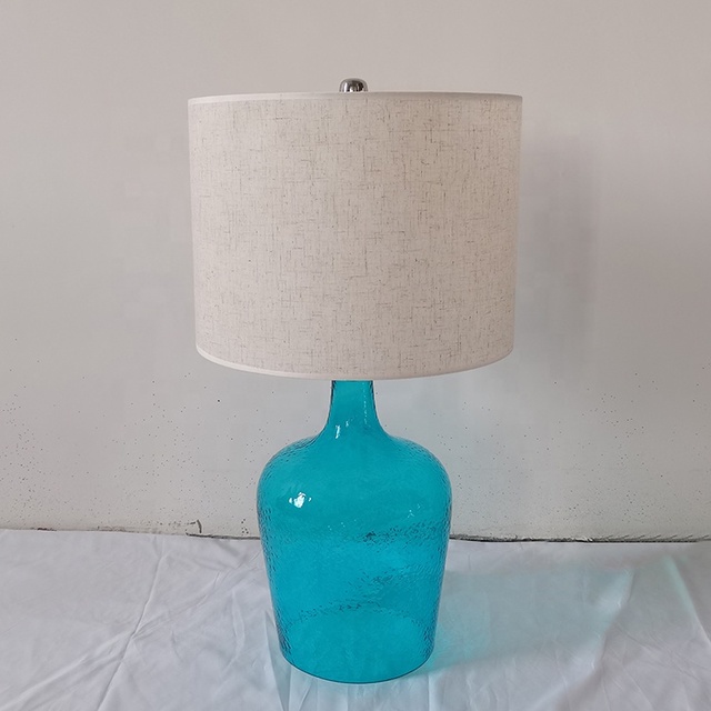 Operated Nordic Modern Design Restaurant Dining Room Decor Hotel Bedside Metal Fabric Shade LED Sea Blue Glass Table Lamp