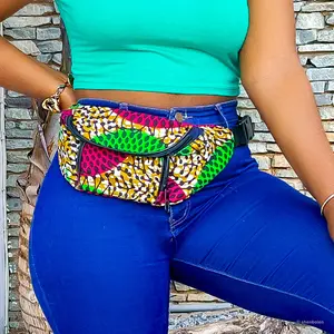 Fannypack in african ankara wax fabric multi-pockets unisex sport waist bags adjustable zipper bags