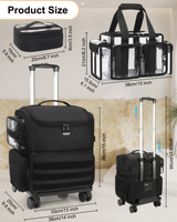 Valise cosmétique professionnelle Relavel en PVC, roulettes rotatives à 360°, 4 poches transparentes, séparateurs réglables, poignée souple écologique