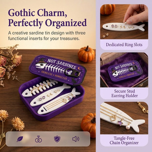 Caja de Joyería Portátil con Diseño de Esqueleto de Pez para Halloween, Organizador de Joyas de Viaje con Forro de Terciopelo para Anillos, Aretes y Pequeños Adornos - Product Image 4