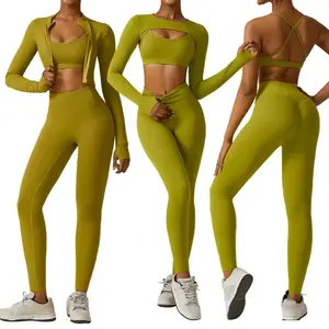 Custom Logo High Waist Slim Yoga Leggings Zip Up Long Sleeve Sports Jacket Fitness Yoga Wear Set Backless Sport Bra For Women