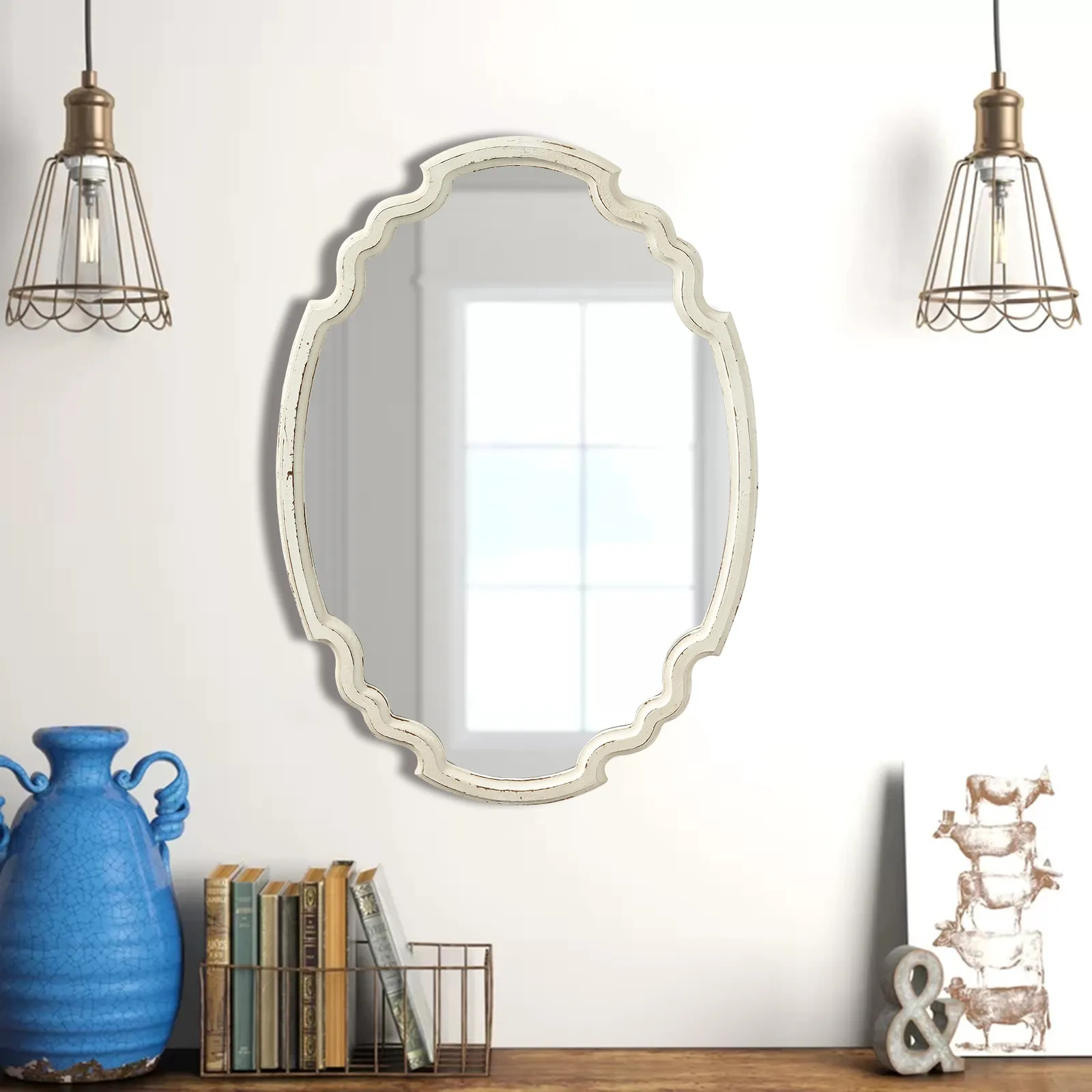 Rustic Oval Wooden Frame Wall Mirror, Hanging Ornate Decorative Mirrors, Traditional Wall Mirror for Home Decoration