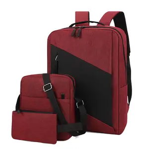 Conjunto de 3 peças de mochila escolar para laptop de grande capacidade com interface de carregamento USB, mochila escolar para homens com logotipo personalizado por atacado