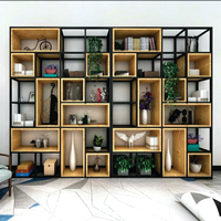Bibliothèque moderne noire pour salon avec 6 unités de rangement, cadre en fer et étagère cubique en MDF, design de sortie de secours, matériau en bois et en acier