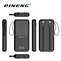 PINENG PN-797PD Power Bank ultra-fin 10000mAh avec câbles intégrés, charge rapide 22.5W, chargeur portable pour iPhone et Android