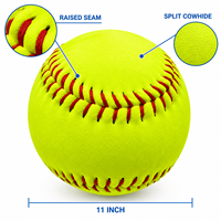 Ballon de softball en cuir de vachette fendu de 11 pouces, noyau en liège durable, jaune, coutures surélevées, fabricant 500 000 pièces/mois, logo personnalisé OEM, jeunesse, qualité supérieure