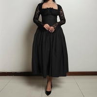 Robes mi-longues pour femmes, col carré, dentelle, manches longues, taille cintrée, couleur unie, tendance
