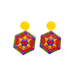 Orecchini Pendenti Esagonali Dipinti, Design Geometrico Colorato, Gioielli Etnici alla Moda, in Lega di Zinco per Donne, 12 Pezzi Ref471603 - Product Image 2