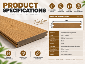 Planche de terrasse en WPC solide 140x22mm <span class=keywords><strong>couleur</strong></span> <span class=keywords><strong>teck</strong></span>, imperméable, antidérapante, longueur personnalisée pour usage extérieur - Product Image 3