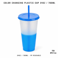 Gobelet en plastique changeant de couleur 24oz 700ml en PP, sensible à la température, réutilisable, pour eau froide, avec paille, pour le camping et les activités de plein air