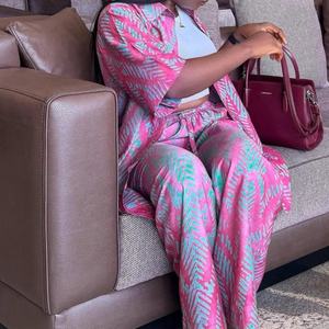 Women's Plus Size Loose Collar Short Sleeve Printed Shirt & High-Waisted Wide-Leg Casual <b>Pants</b> African 2-Piece Set Fashion - Product Image 4
