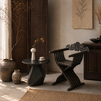 Chaise de salle à manger vintage en bois massif, faite à la main, avec dossier sculpté orné, style moderne, fauteuil avec base en X