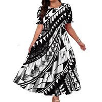 Robe longue maxi pour femme grande taille, imprimé tribal polynésien violet et blanc, manches courtes bouffantes, volants étagés, robes de soirée personnalisées