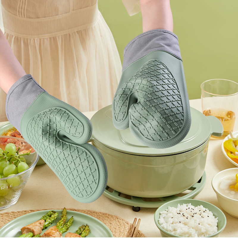 Двусторонняя варежка для духовки, моющаяся длинная варежка из хлопка и силикона с полноцветным принтом для барбекю и гриля, кухни