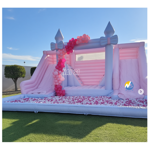 Grande Castello Gonfiabile Commerciale Rosa Pastello con Doppio Scivolo e Piscina di Palline, Scivolo Acquatico Gonfiabile per Bambini con Piscina - Product Image 2