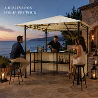 Bar de jardin extérieur avec gazebo 2,4x2,4m, poteaux en acier 40x40mm, double toit, abri pour barbecue, bar en verre noir, 2 tabourets