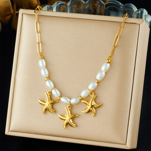 Gold Plated Starfish Pendant Chain Imitation Pearl Beaded Clavicle Necklace Simple Versatile Fashion Jewelry - Product Image 1