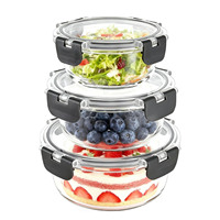 Ensemble de 3 contenants en verre empilables pour la préparation des repas, couvercles hermétiques, boîte à lunch ronde anti-fuite, ensemble de contenants de stockage alimentaire en verre