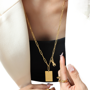 Collier long rectangulaire en acier titane avec pendentif lapin animal, chaîne de pull, ne se décolore pas, M032 - Product Image 1