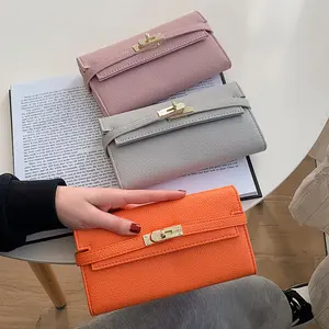 Jahr einfache reine Farbe mit Riemen Großhandel Brieftasche Faden Brieftaschen für Frauen Modische wasserdichte Pu Long Fashion Unisex